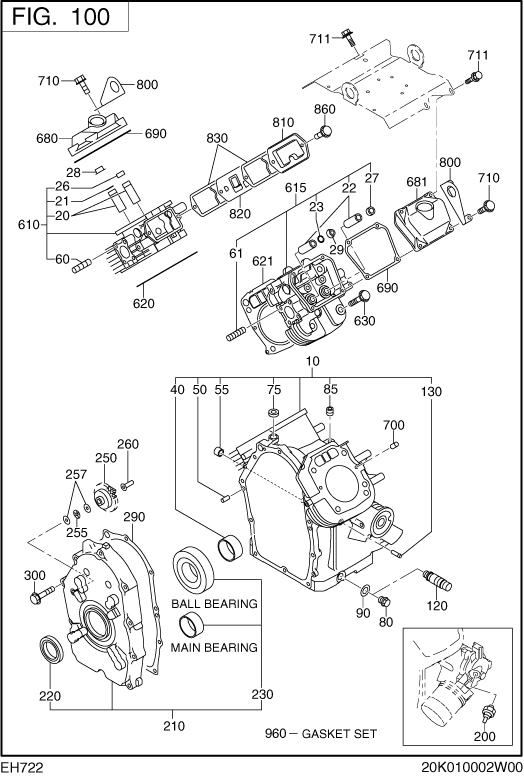 Crank Case Group Diagram and Parts List for EH722DS0100 EH722 Subaru Engine