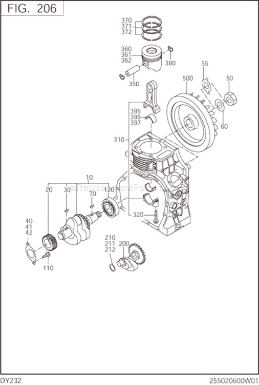 Crankshaft,Piston Diagram and Parts List for DY232BS7000  Subaru Engine