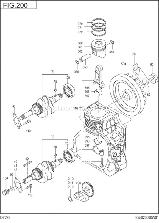 Crankshaft,Piston Diagram and Parts List for DY232DD1040  Subaru Engine
