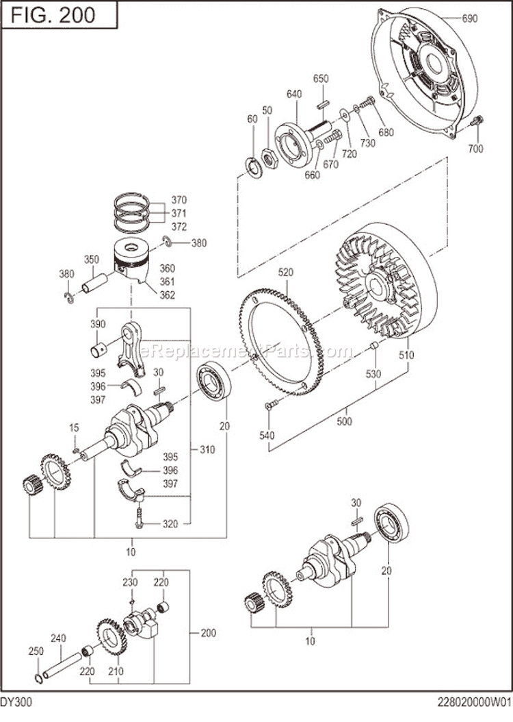 Crankshaft,Piston Diagram and Parts List for DY300B00060  Subaru Engine