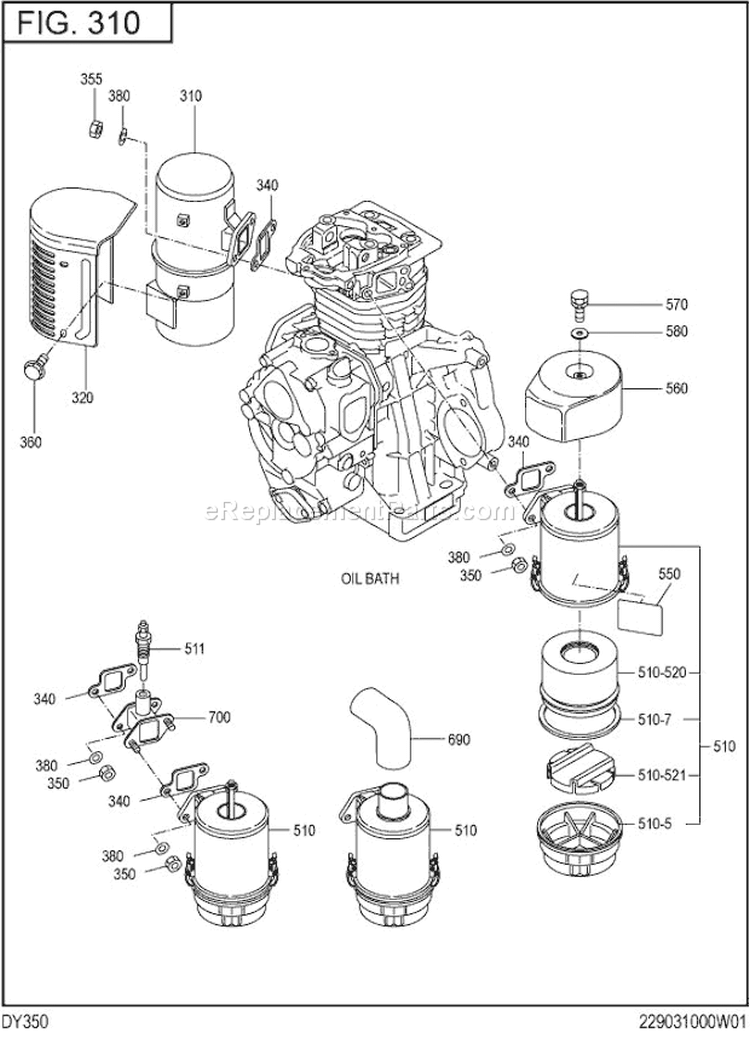 Intake,Exhaust Group Diagram and Parts List for DY350BB0010  Subaru Engine