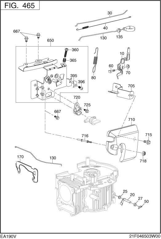 Governor Operation Diagram and Parts List for EA190V53010 EA190 Subaru Engine