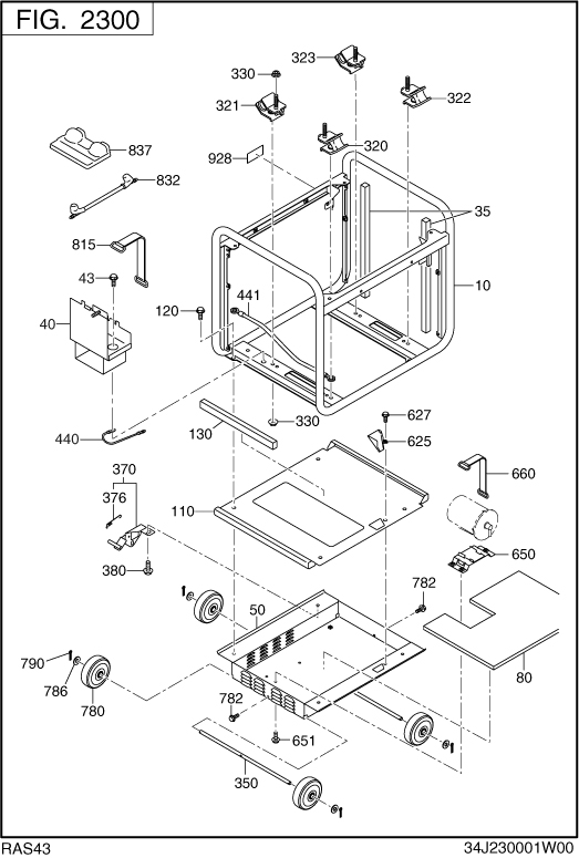 Base,frame Diagram and Parts List for RAS43023610 S4300I Subaru Generator