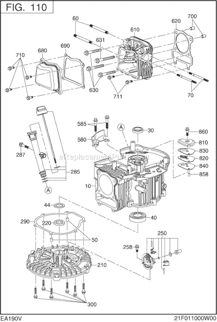 Crank Case Diagram and Parts List for EA190V70010  Subaru Engine