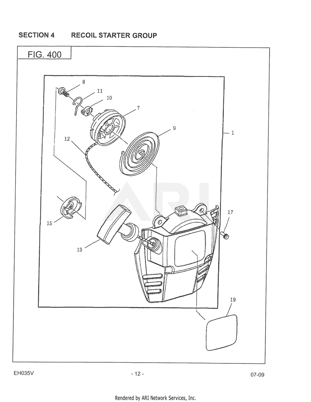 400 Recoil Starter Diagram and Parts List for EH035VA1305  Subaru Engine