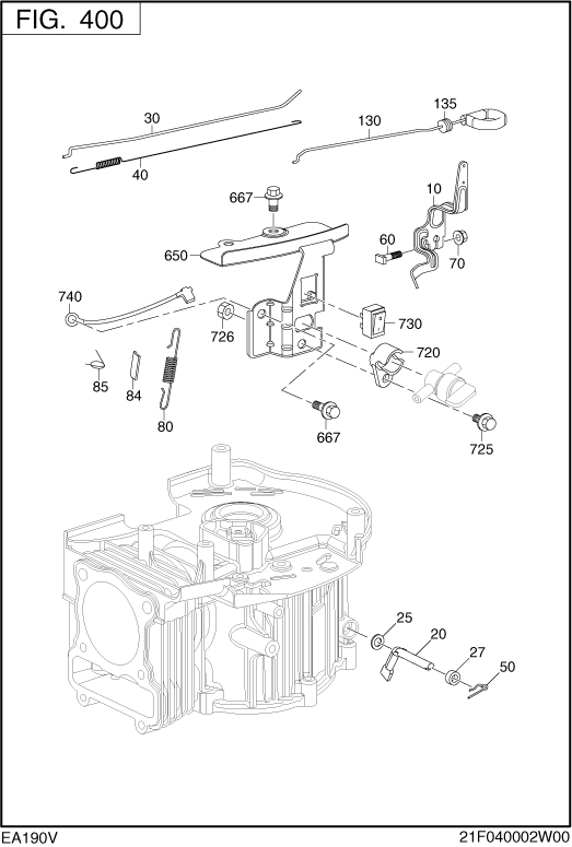 Governor Operation Diagram and Parts List for EA190V50190 EA190 Subaru Engine