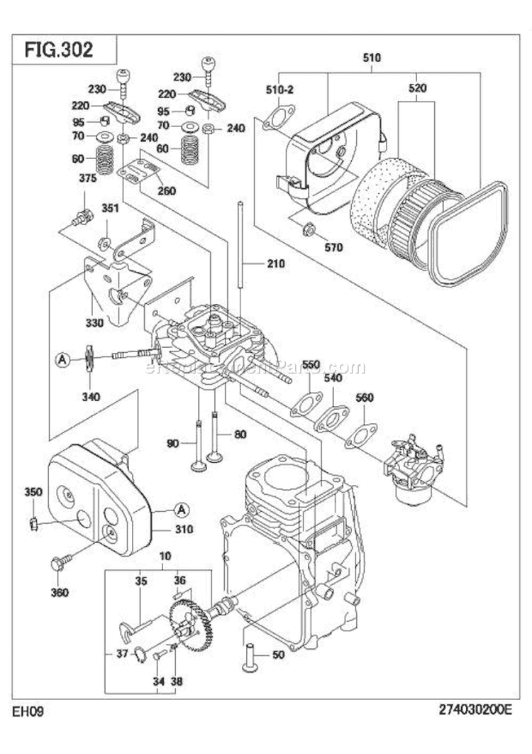 Intake Exhaust Group Diagram and Parts List for EH090D42090  Subaru Engine