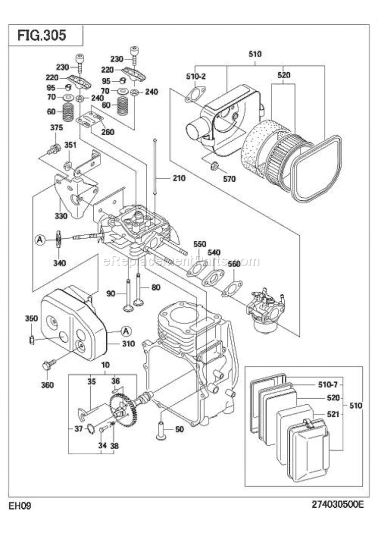 Intake Exhaust Group Diagram and Parts List for EH090D42100  Subaru Engine