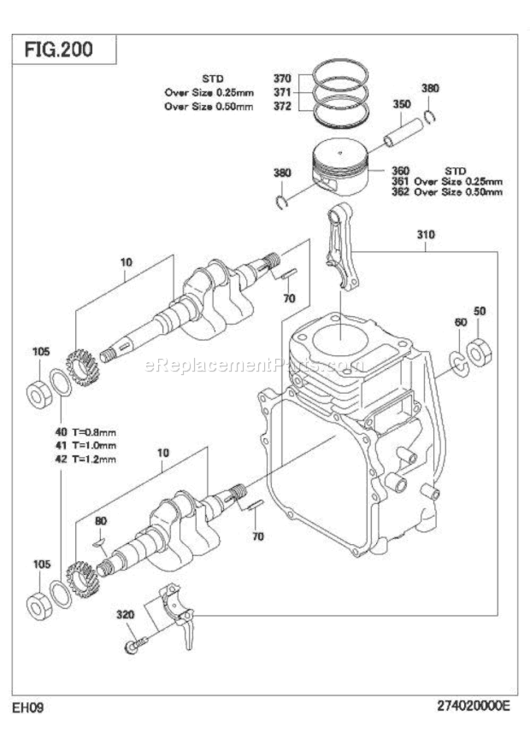 Crankshaft,Piston Diagram and Parts List for EH090D42180  Subaru Engine