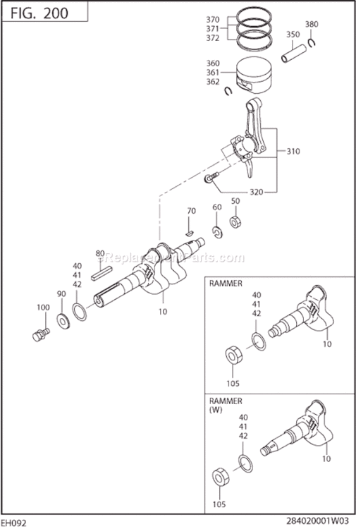 Crankshaft Piston Diagram and Parts List for EH092F40020  Subaru Engine