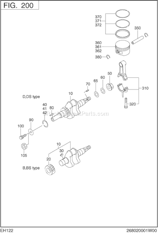 Crankshaft,Piston Diagram and Parts List for EH122B02030  Subaru Engine