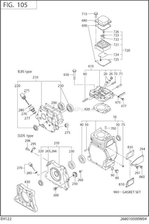 Crank Case Diagram and Parts List for EH122D46051  Subaru Engine