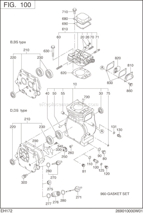 Crank Case Diagram and Parts List for EH172B41300  Subaru Engine