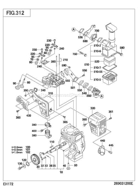 Intake Exhaust Diagram and Parts List for EH172B75510  Subaru Engine