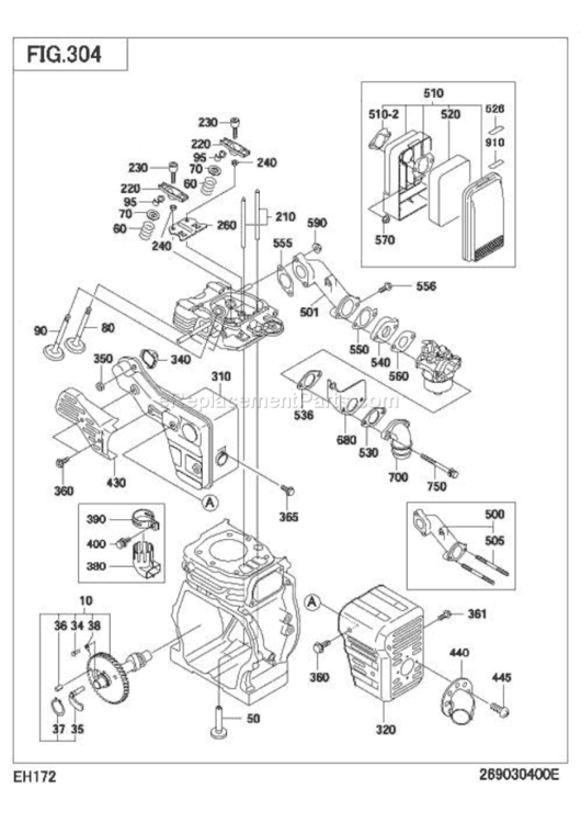Intake Exhaust Diagram and Parts List for EH172D21510  Subaru Engine
