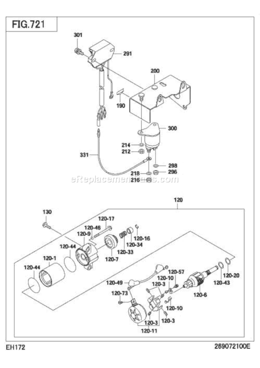 Starting Motor Diagram and Parts List for EH172DS7010  Subaru Engine
