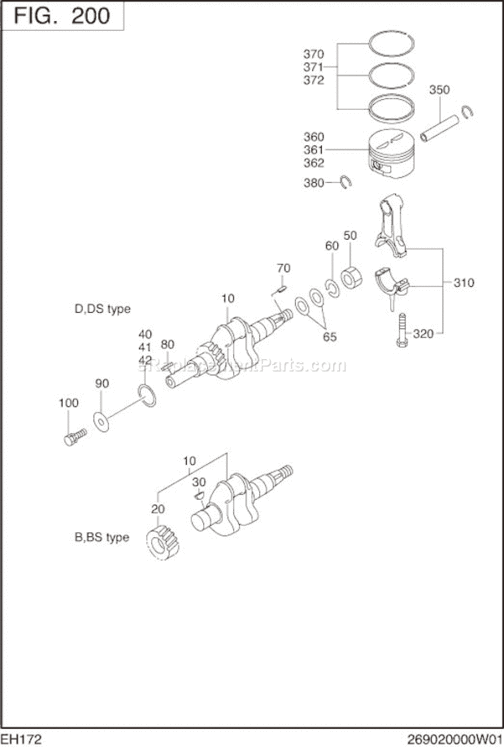 Crankshaft,Piston Diagram and Parts List for EH172YD0540  Subaru Engine