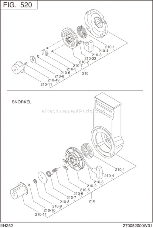 Cooling Starting Diagram and Parts List for EH252B00010  Subaru Engine