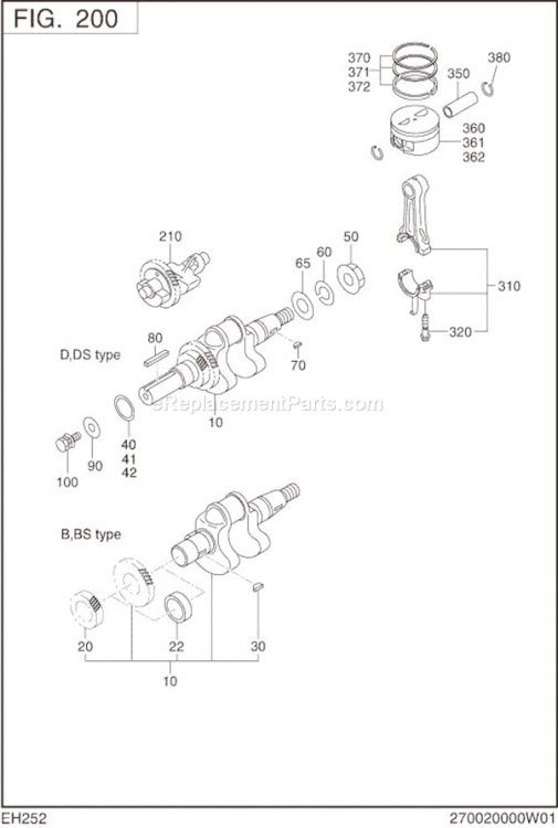 Crankshaft,Piston Diagram and Parts List for EH252B15020  Subaru Engine