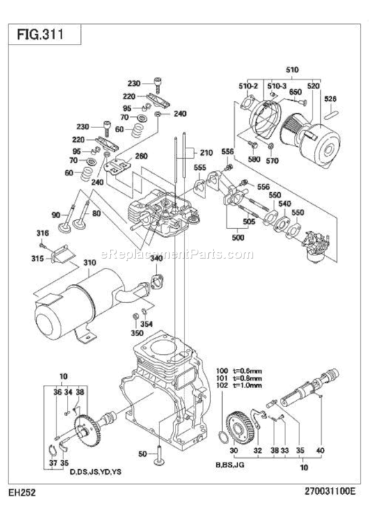 Intake Exhaust Diagram and Parts List for EH252D23000  Subaru Engine