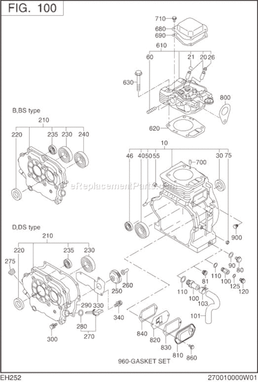 Crank Case Diagram and Parts List for EH252D65811  Subaru Engine