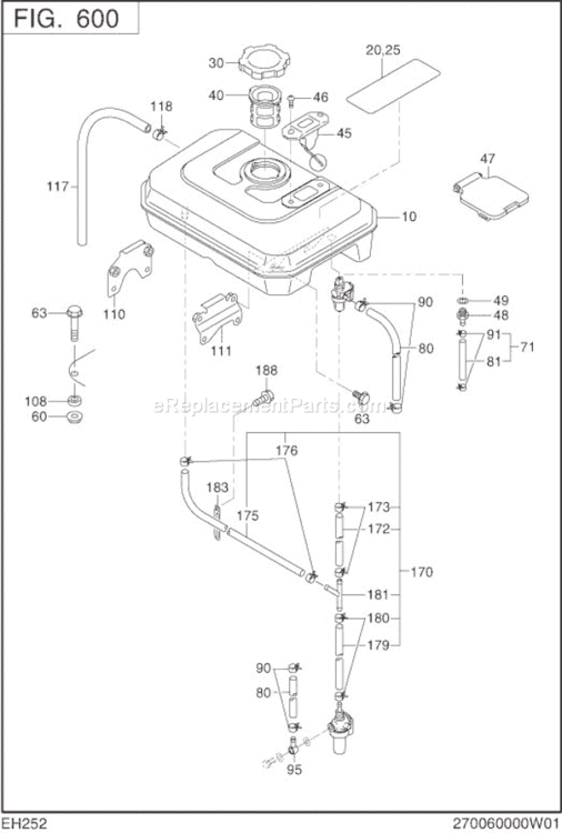Fuel Lubricant Diagram and Parts List for EH252YD0000  Subaru Engine
