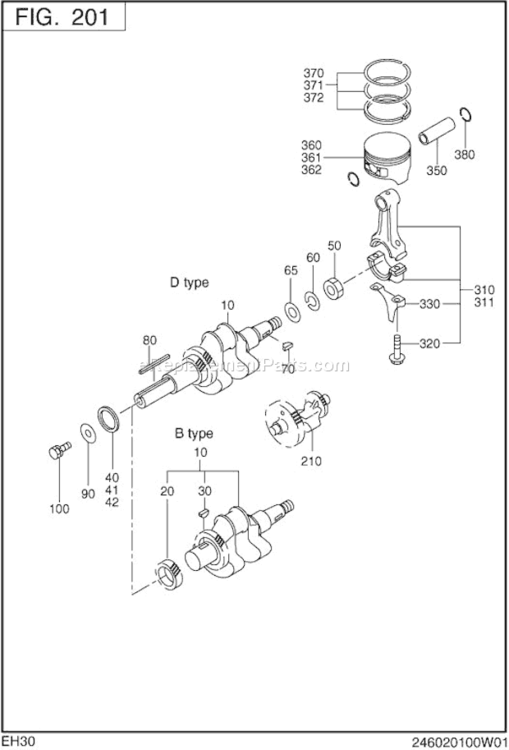 Crankshaft,Piston Diagram and Parts List for EH300B13110  Subaru Engine