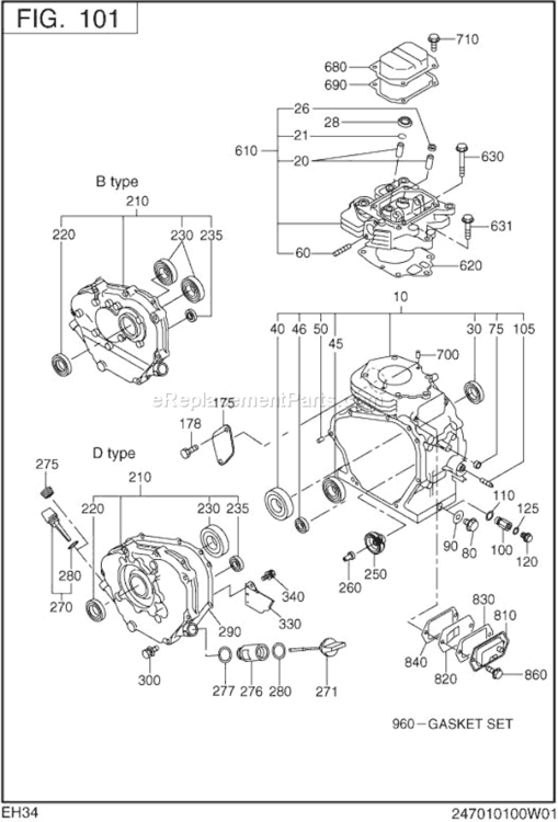 Crankcase Diagram and Parts List for EH340B00331  Subaru Engine