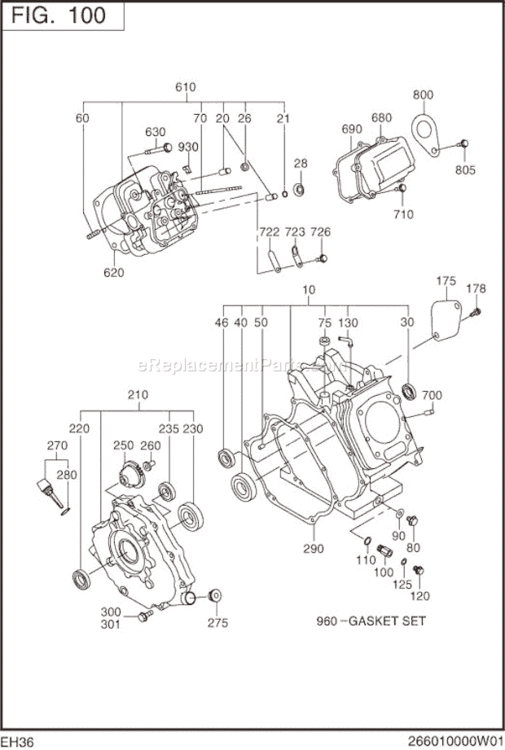 Crank Case Diagram and Parts List for EH360D50000  Subaru Engine