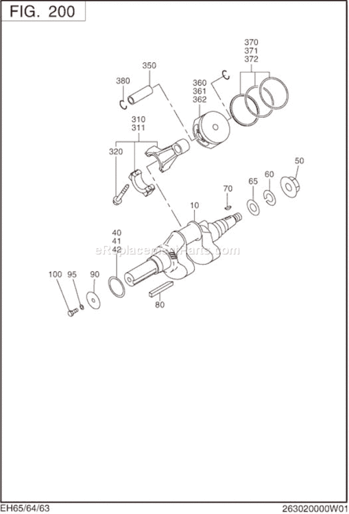 Crank,Piston Group Diagram and Parts List for EH650DA0010  Subaru Engine