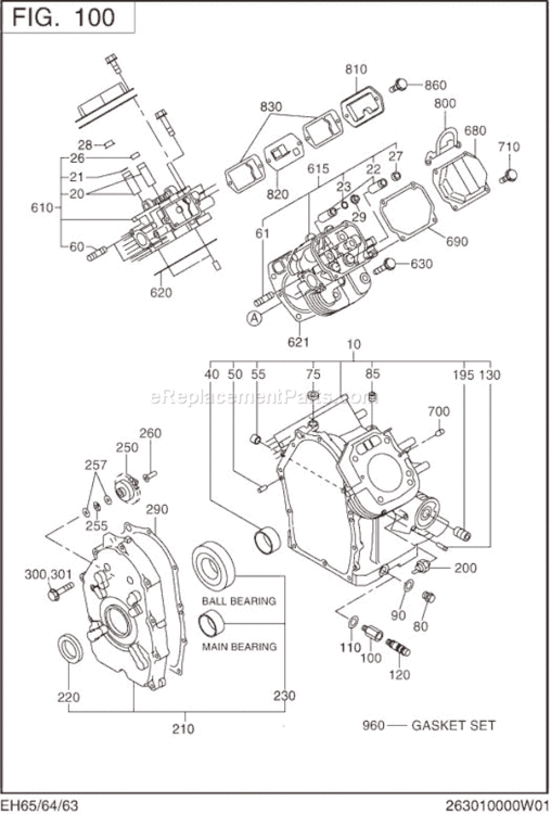 Crank Case Group Diagram and Parts List for EH650DA5150  Subaru Engine