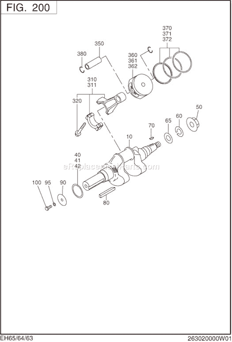 Crank,Piston Group Diagram and Parts List for EH650DA0011  Subaru Engine