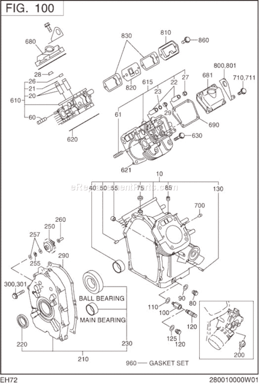 Crank Case Group Diagram and Parts List for EH720DS0441  Subaru Engine