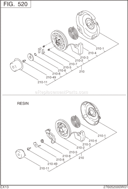 Recoil Starter Diagram and Parts List for EX130D10050  Subaru Engine