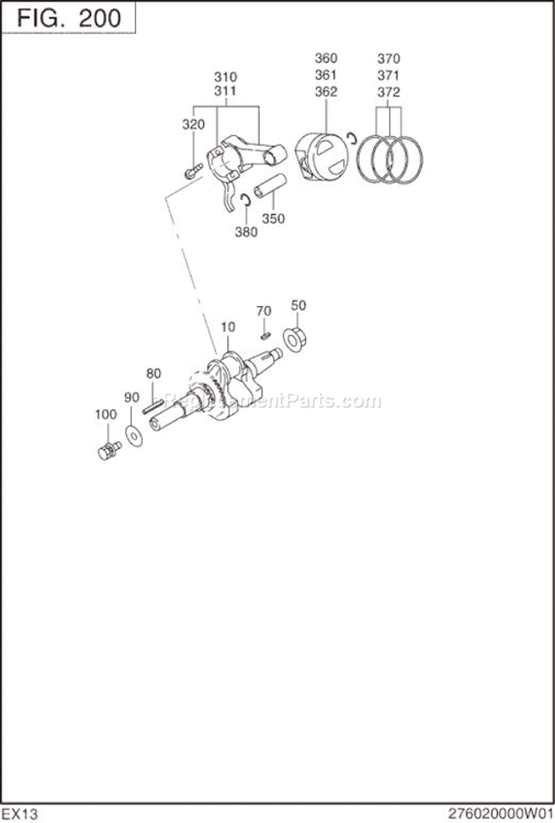 Crankshaft,Piston Diagram and Parts List for EX130D40070  Subaru Engine