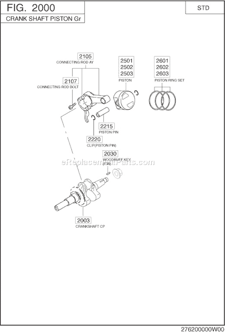 Crankshaft,Piston Diagram and Parts List for EX130D70190  Subaru Engine
