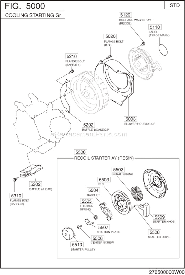Cooling Starting Diagram and Parts List for EX130D70190  Subaru Engine