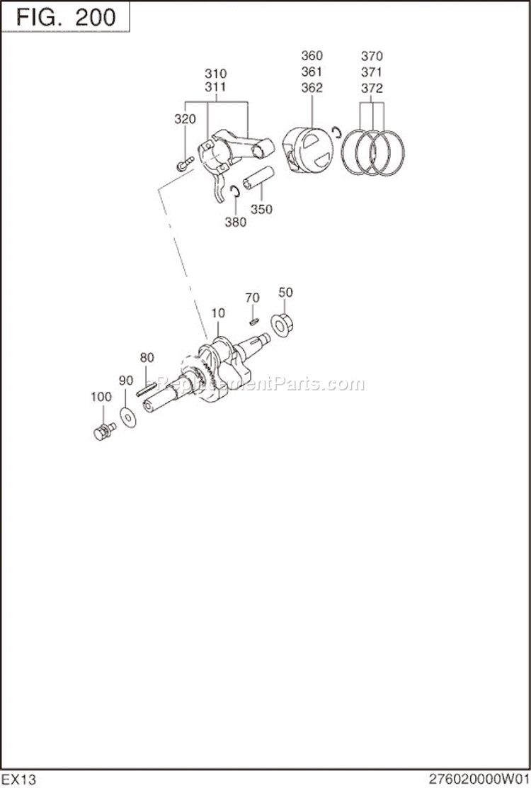 Crankshaft,Piston Diagram and Parts List for EX130D10010  Subaru Engine