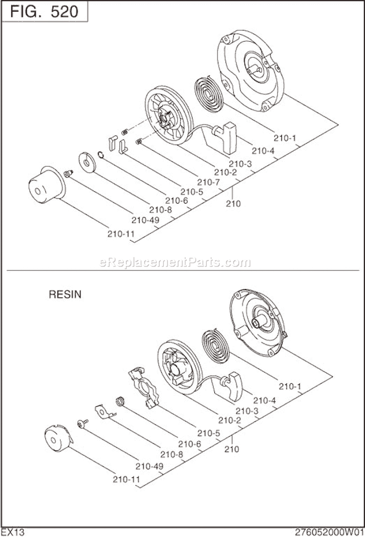 Recoil Starter Diagram and Parts List for EX130D10010  Subaru Engine