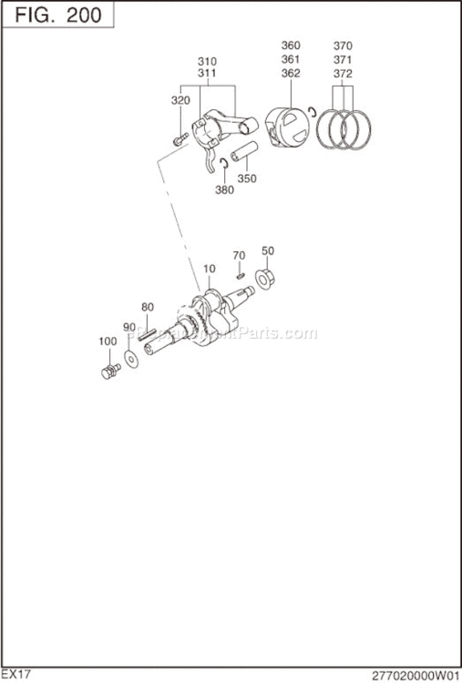 Crankshaft,Piston Diagram and Parts List for EX170D10070  Subaru Engine