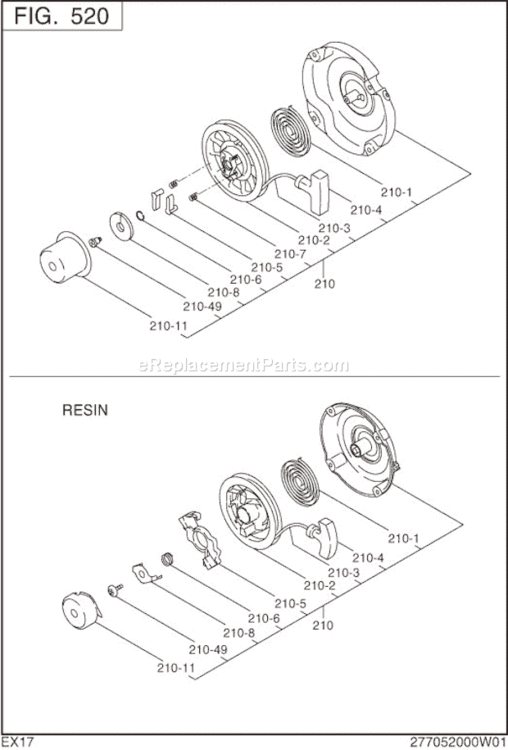 Recoil Starter Diagram and Parts List for EX170D20070  Subaru Engine