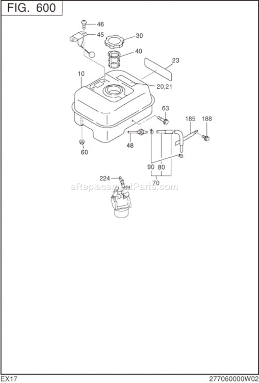 Fuel Lubricant Diagram and Parts List for EX170D50040  Subaru Engine