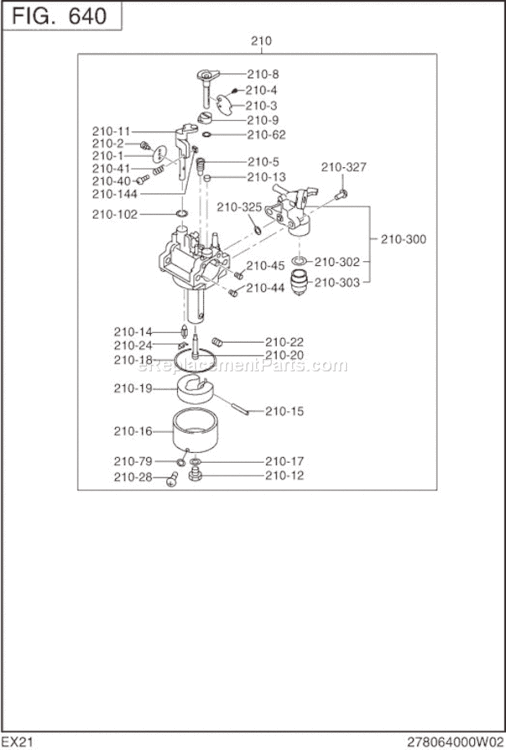 Carburetor Diagram and Parts List for EX210D00010  Subaru Engine