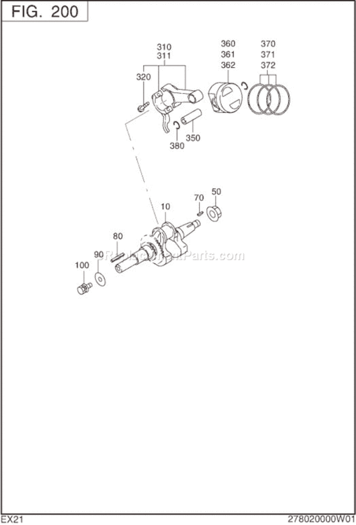 Crankshaft,Piston Diagram and Parts List for EX210D50090  Subaru Engine