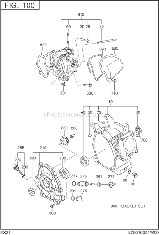 Crank Case Diagram and Parts List for EX210D51020  Subaru Engine