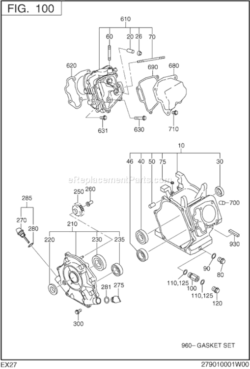 Crank Case Diagram and Parts List for EX270D00031  Subaru Engine