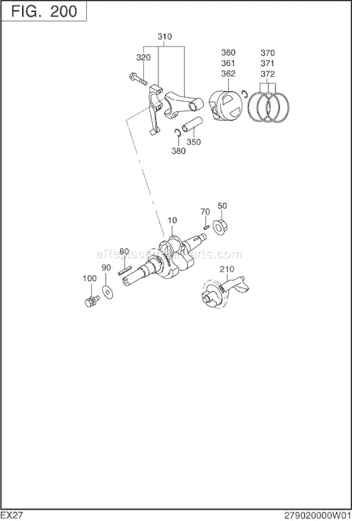 Crankshaft,Piston Diagram and Parts List for EX270D00032  Subaru Engine