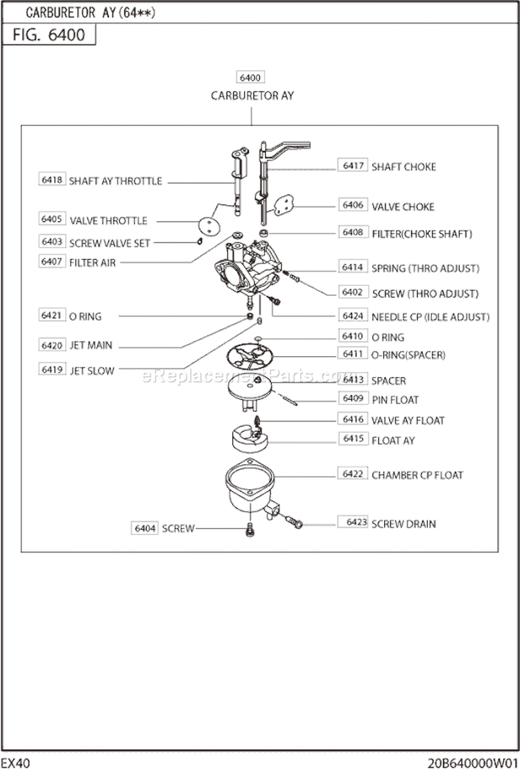 Carburetor Diagram and Parts List for EX400D52050  Subaru Engine