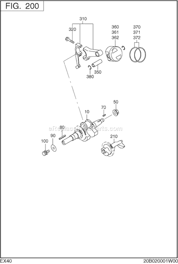 Crankshaft,Piston Diagram and Parts List for EX400D20200  Subaru Engine