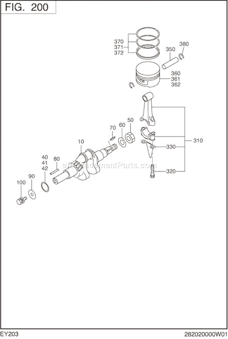 Crankshaft,Piston Diagram and Parts List for EY203D34500  Subaru Engine
